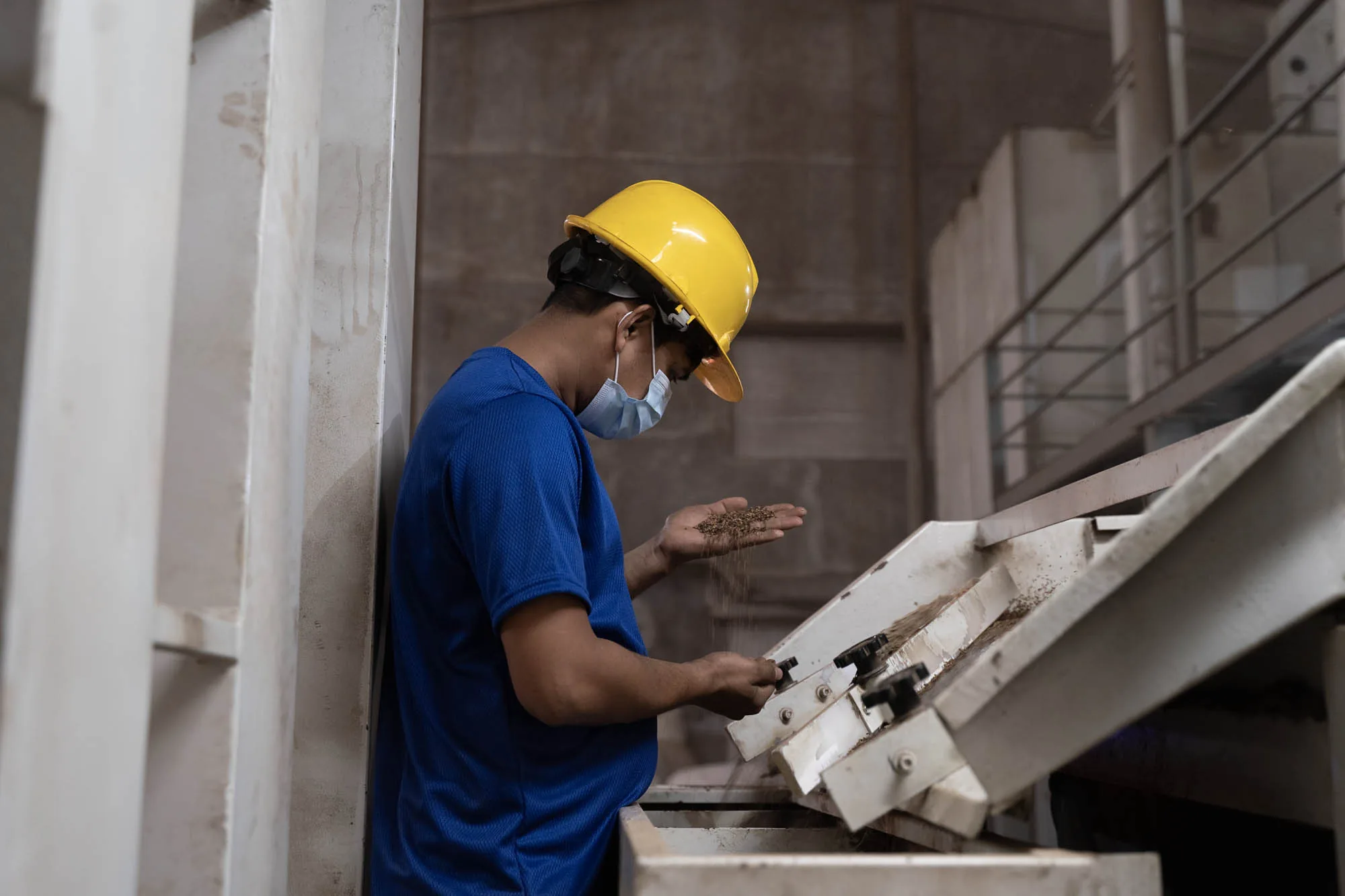 Factory worker in blue Shufola shirt, yellow hardhat, and face mask operating a vibratory seed-sorting machine, mixed interior light